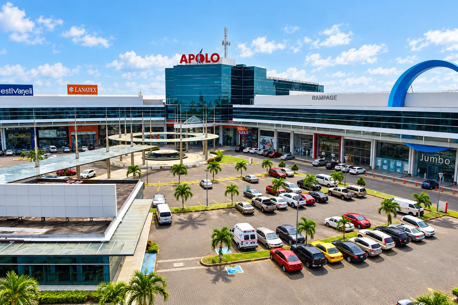Bright aerial view of the Colón Free Zone commercial complex in Panama