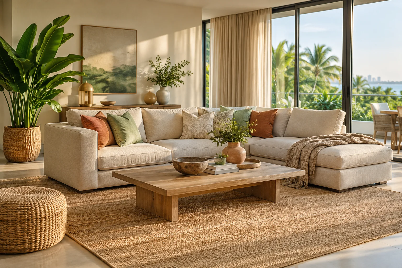 A sunlit living room with warm natural textures and inviting neutral furniture